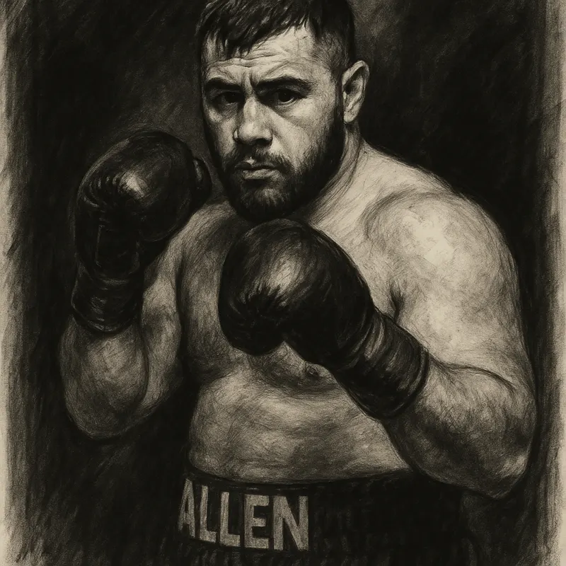 Dave Allen in boxing pose, charcoal portrait