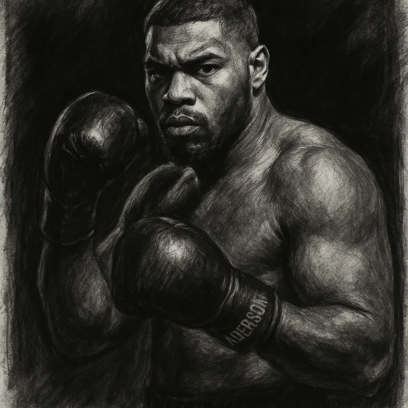 Jared Anderson in boxing pose, charcoal portrait