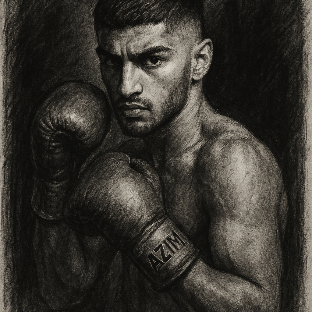 Adam Azim in boxing pose, charcoal portrait