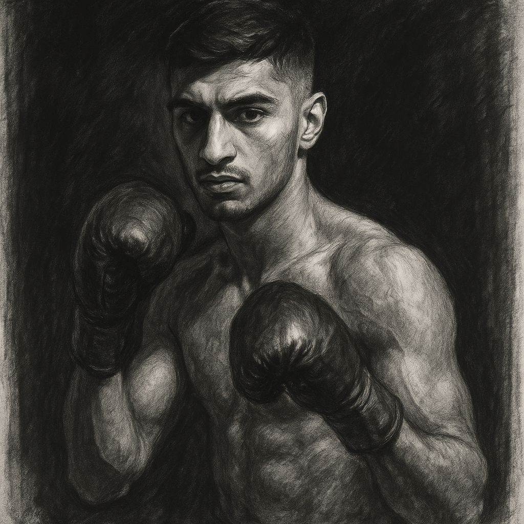 Charcoal portrait of Adam Azim ahead of super lightweight return against Steve Claggett at OVO Arena Wembley