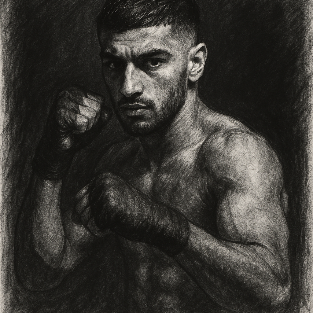 Adam Azim in boxing pose, charcoal portrait