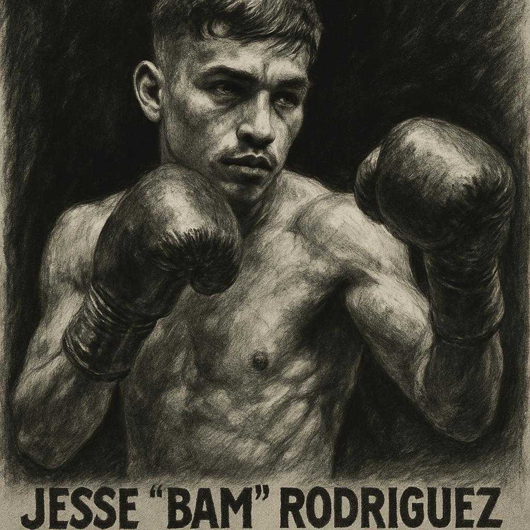 Jesse Bam Rodriguez in boxing pose, charcoal portrait