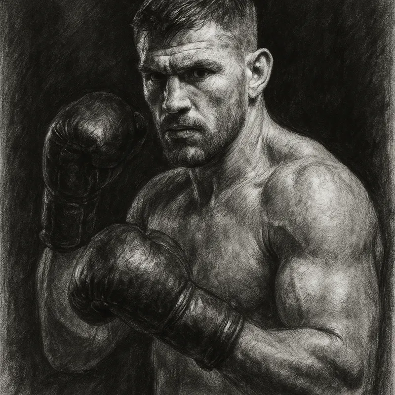 Chris Billam-Smith in boxing pose, charcoal portrait