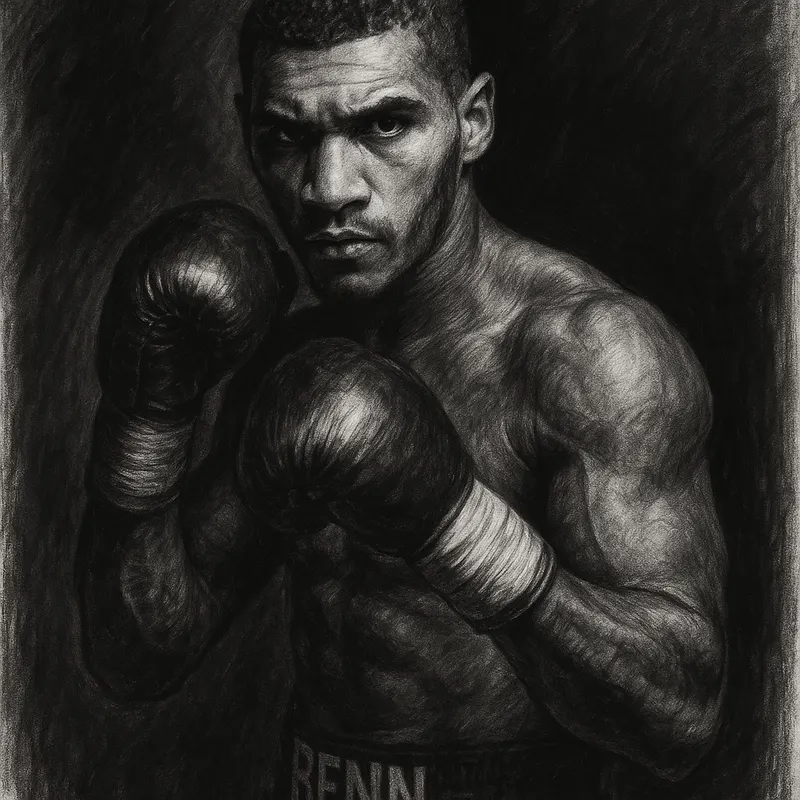 Conor Benn in boxing pose, charcoal portrait