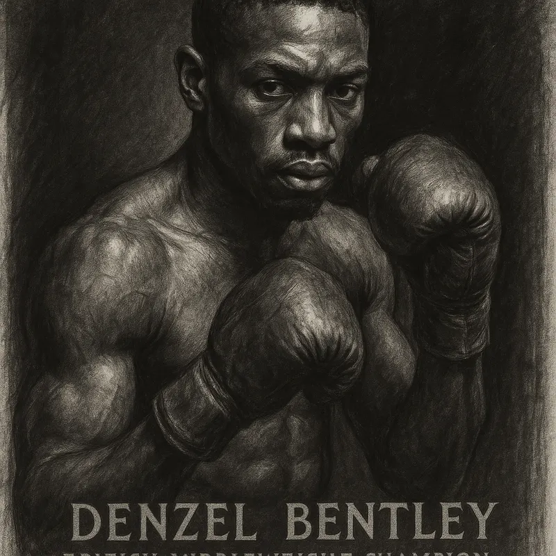 Denzel Bentley in boxing pose, charcoal portrait