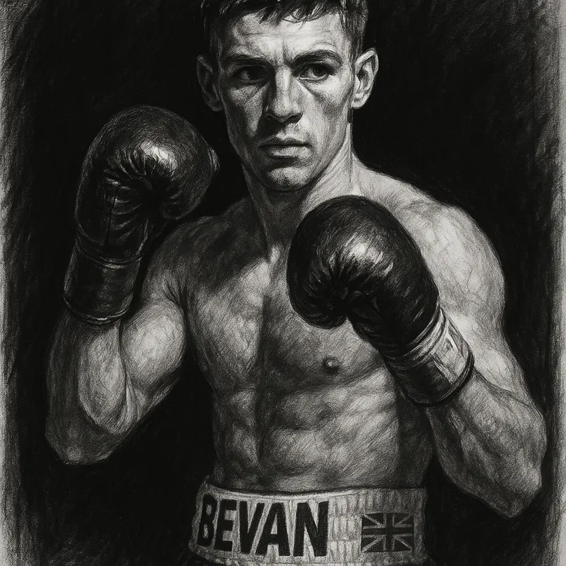 Taylor Bevan in boxing pose, charcoal portrait