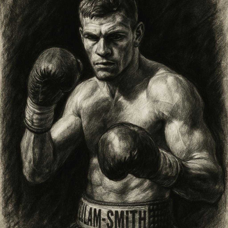Chris Billam-Smith in boxing pose, charcoal portrait