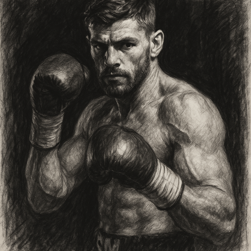 Chris Billam-Smith in boxing pose, charcoal portrait