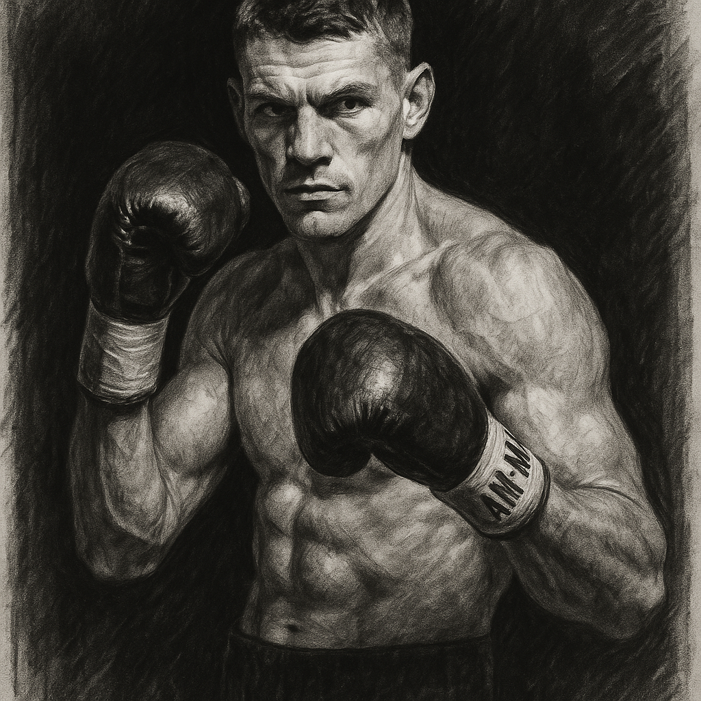 Chris Billam-Smith in boxing pose, charcoal portrait