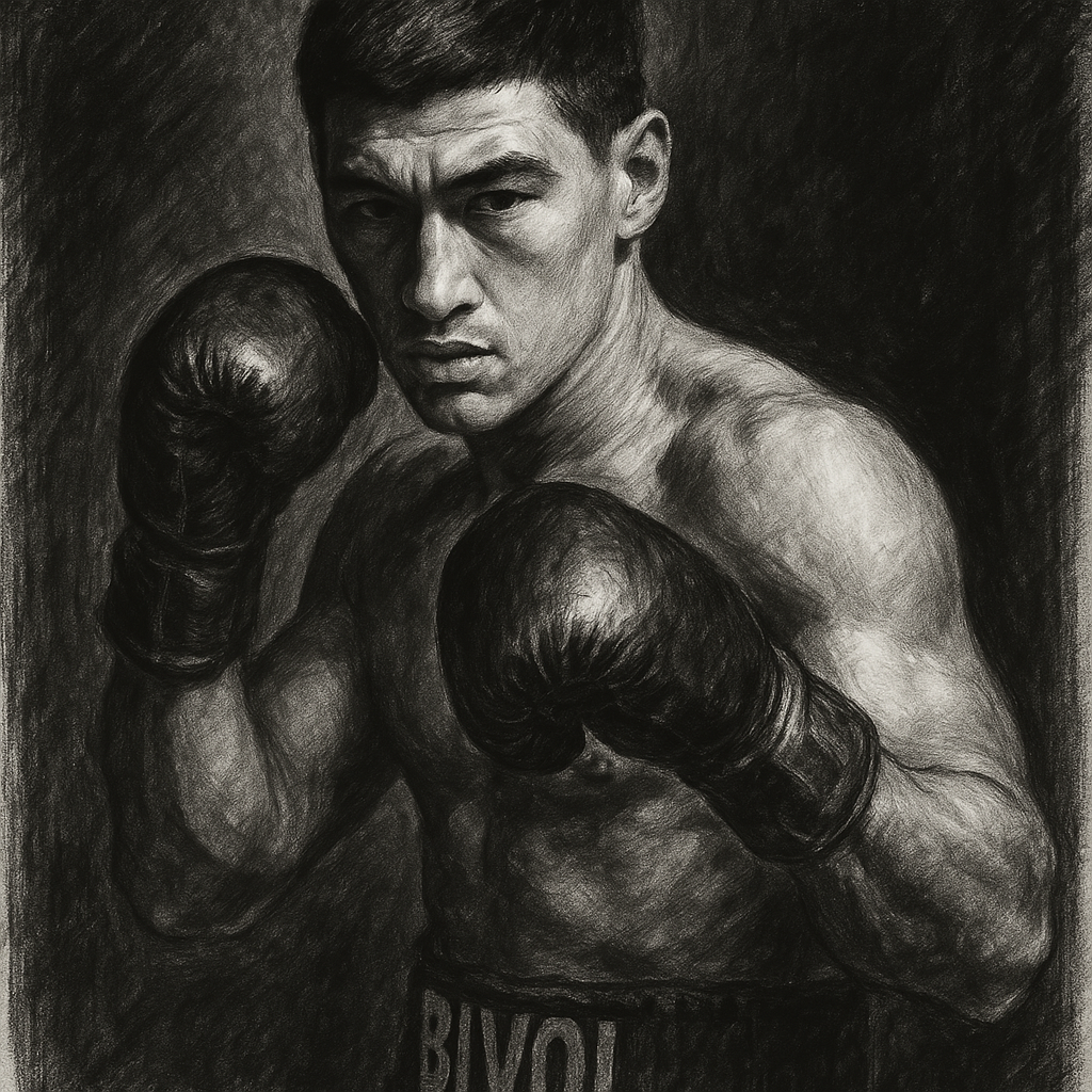 Dmitry Bivol in boxing pose, charcoal portrait
