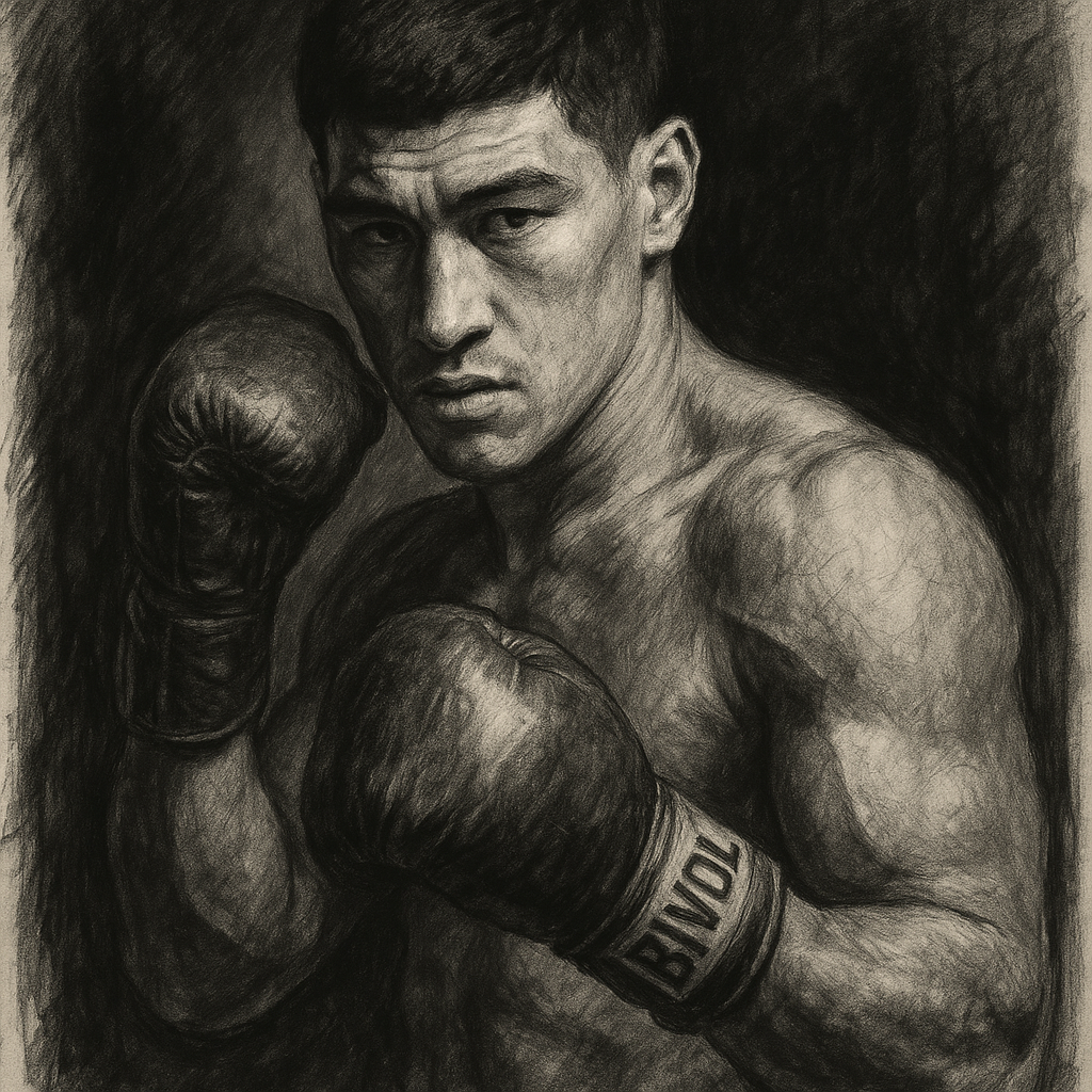 Dmitry Bivol in boxing pose, charcoal portrait