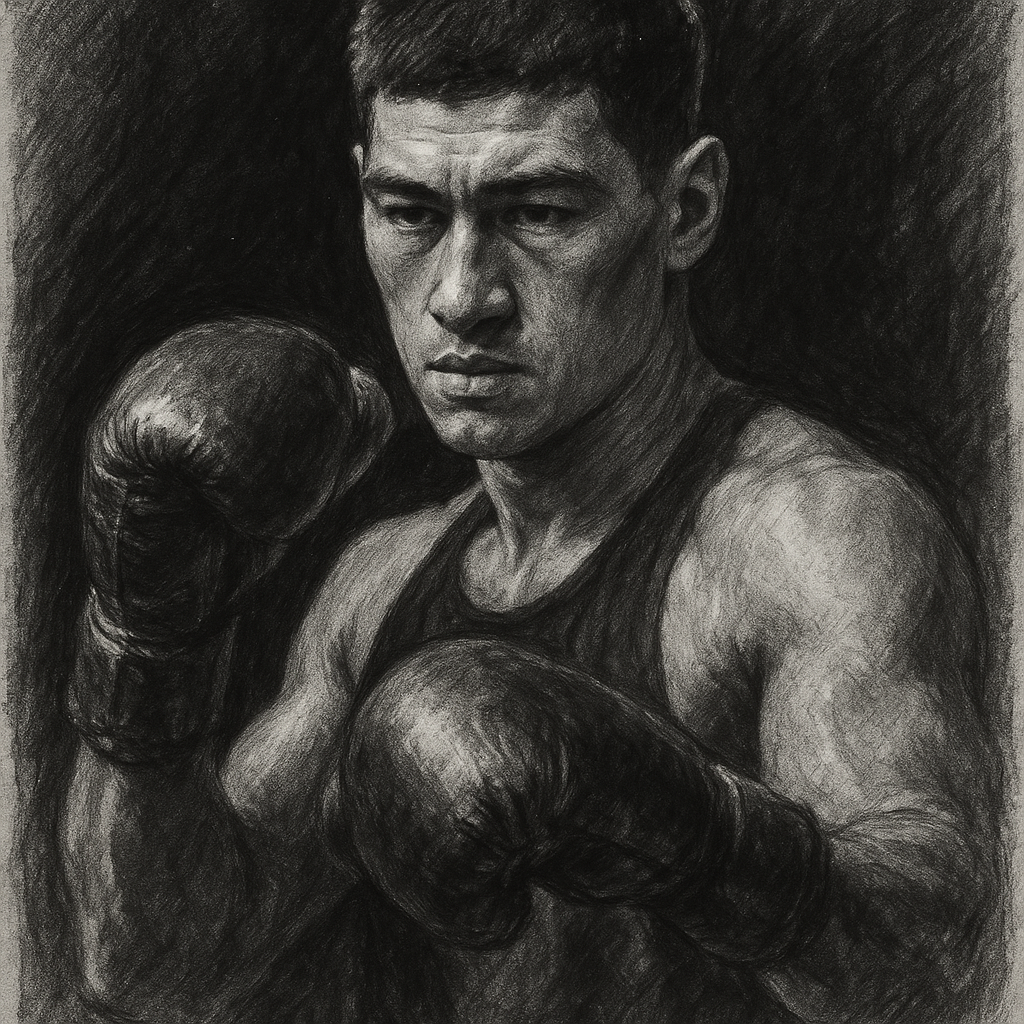 Dmitry Bivol in boxing pose, charcoal portrait
