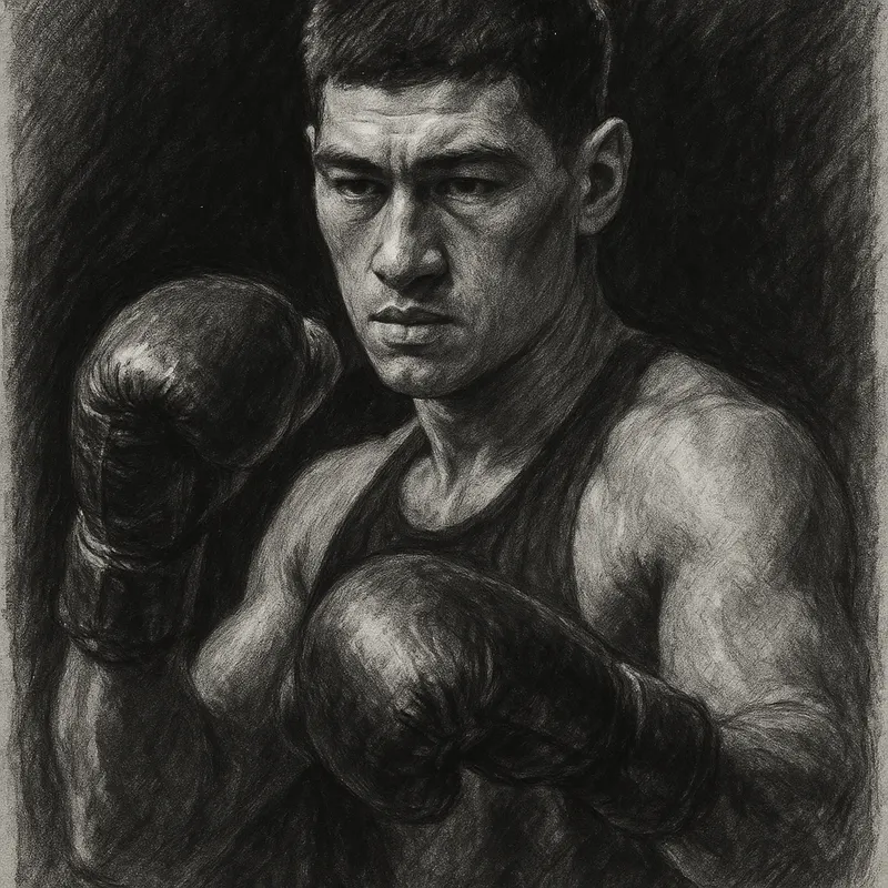 Dmitry Bivol in boxing pose, charcoal portrait