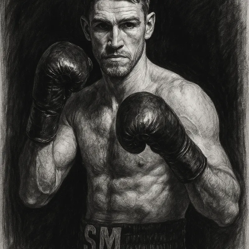 Callum Smith in boxing pose, charcoal portrait