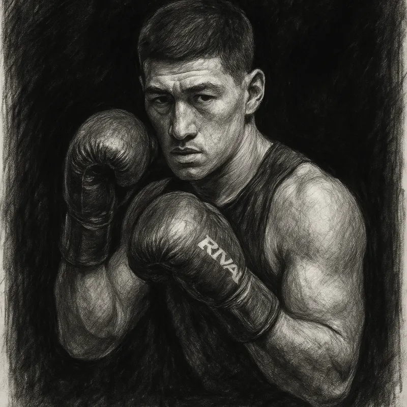 Dmitry Bivol in boxing pose, charcoal portrait