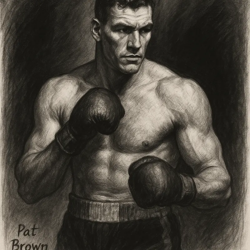 Pat Brown in boxing pose, charcoal portrait