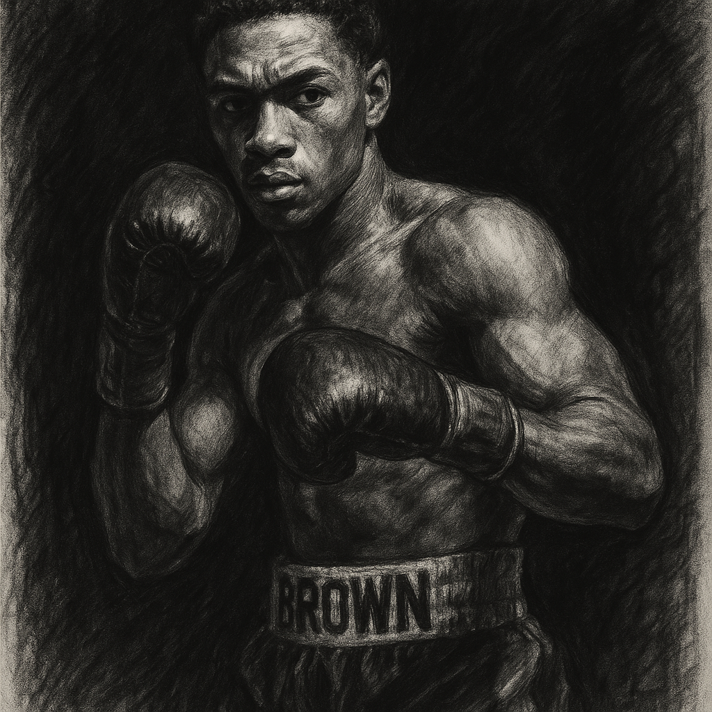 Jahyae Brown in boxing pose, charcoal portrait