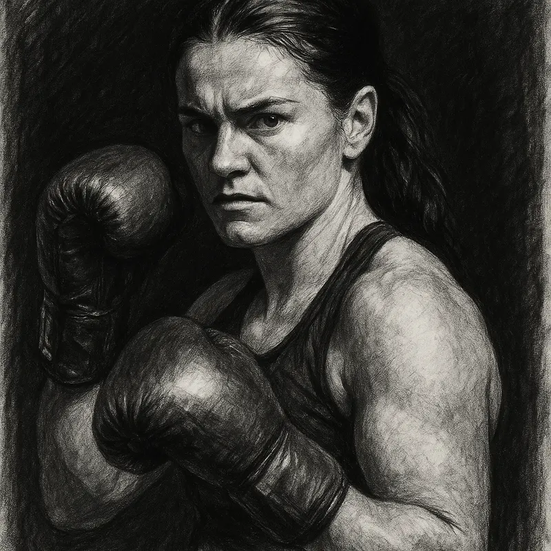 Chantelle Cameron in boxing pose, charcoal portrait