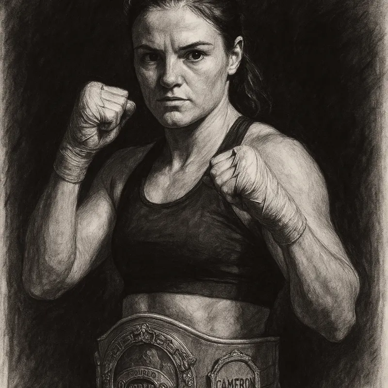 Chantelle Cameron in boxing pose, charcoal portrait