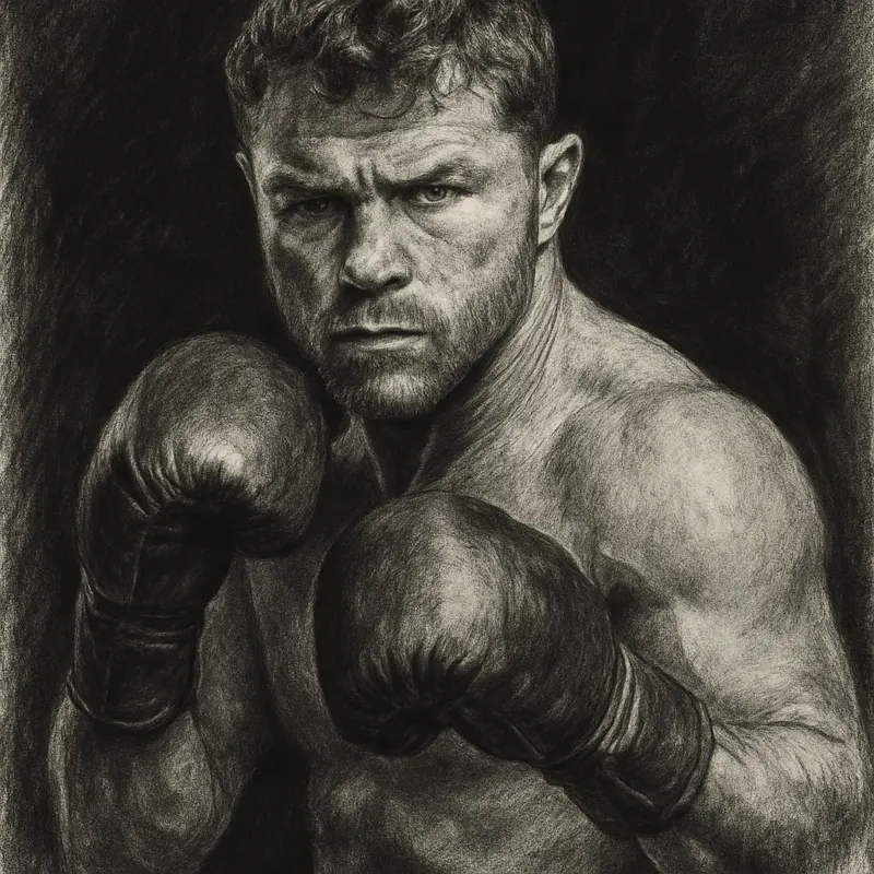 Canelo Alvarez in boxing pose, charcoal portrait