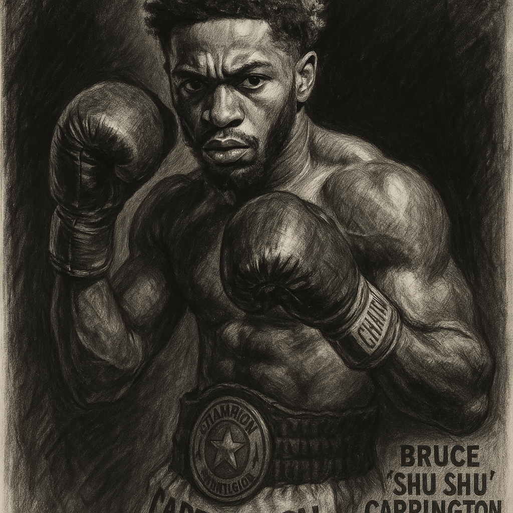Bruce Carrington charcoal portrait after retaining his WBC featherweight title