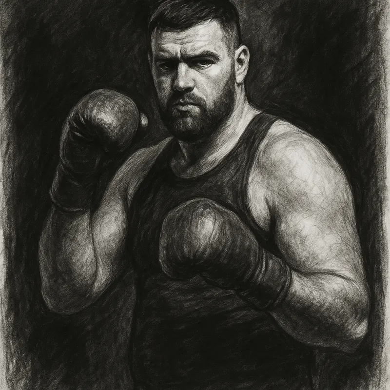 Thomas Carty in boxing pose, charcoal portrait