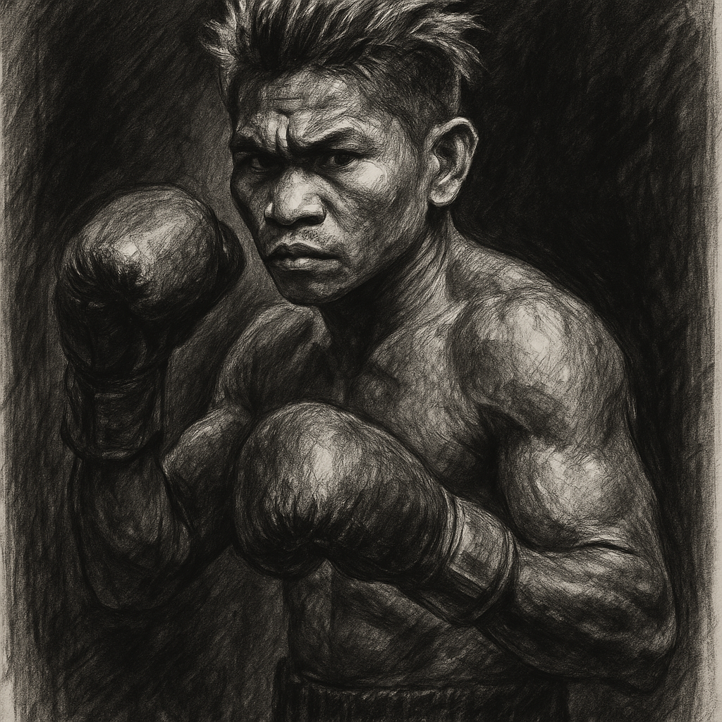 John Riel Casimero in boxing pose, charcoal portrait