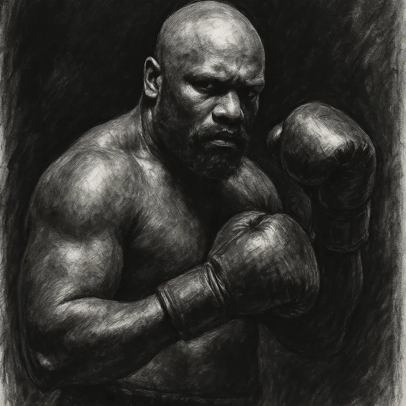 Derek Chisora in boxing pose, charcoal portrait