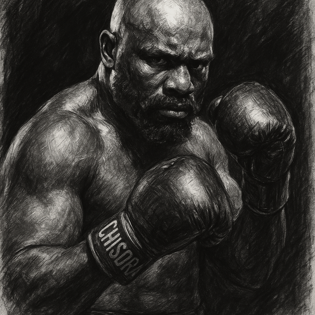 Derek Chisora charcoal portrait after 50th fight