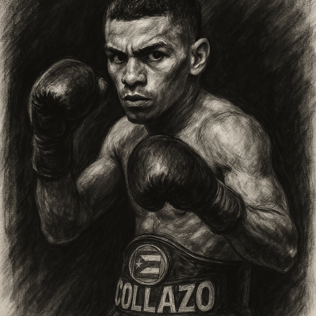 Oscar Collazo in boxing pose, charcoal portrait