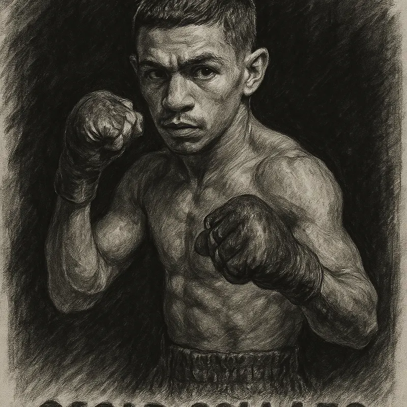 Oscar Collazo in boxing pose, charcoal portrait