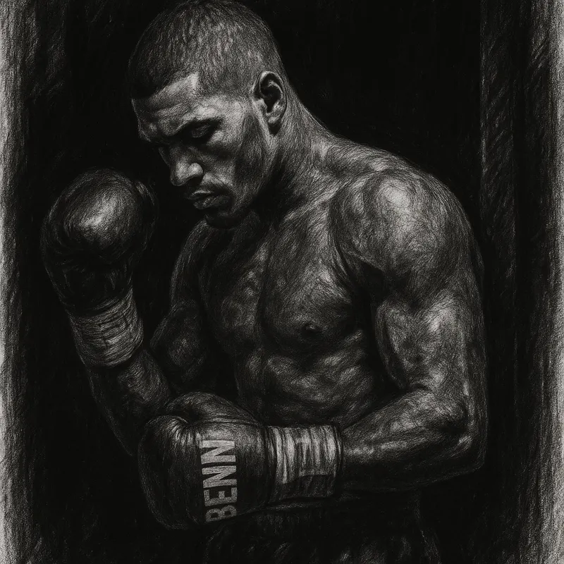 Conor Benn in boxing pose, charcoal portrait
