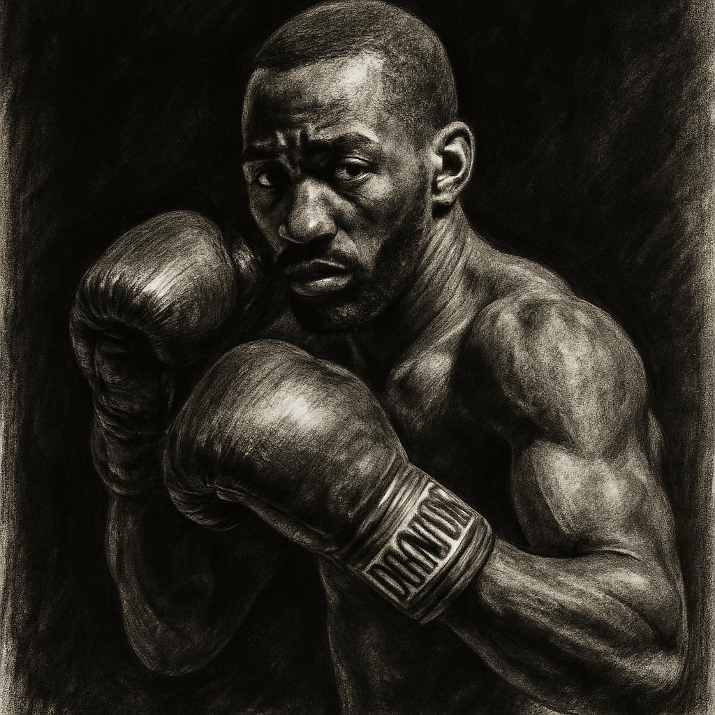 Terence Crawford in boxing pose, charcoal portrait