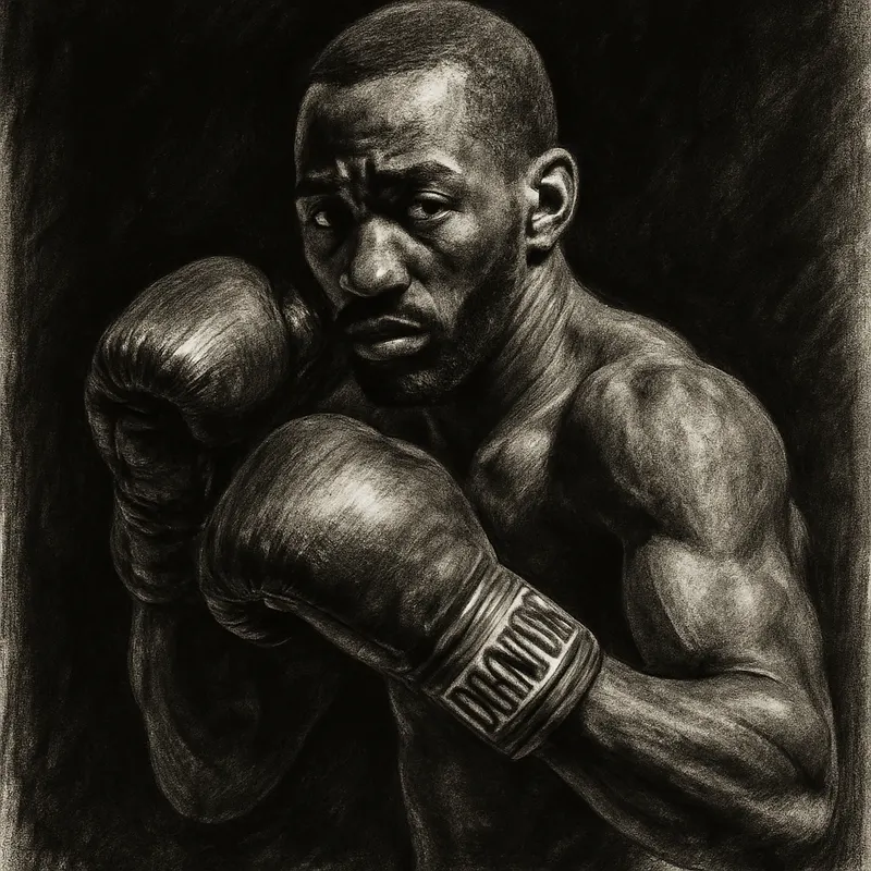 Terence Crawford in boxing pose, charcoal portrait