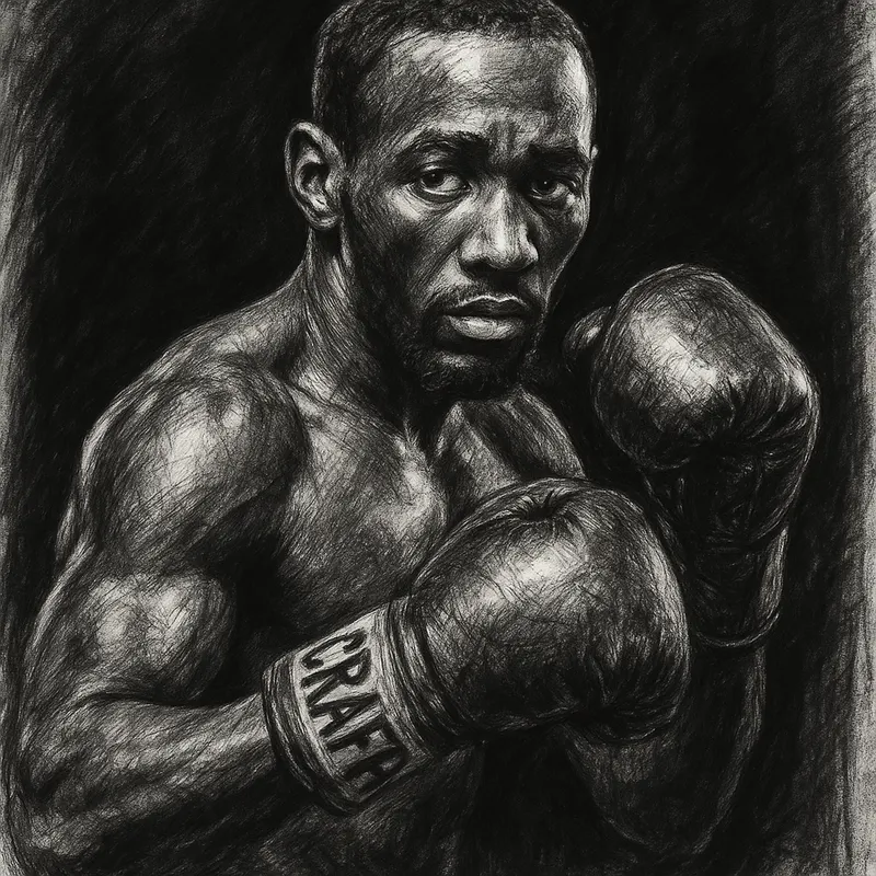 Terence Crawford in boxing pose, charcoal portrait