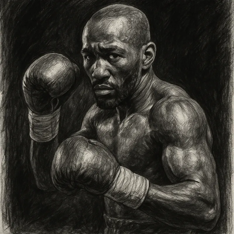 Terence Crawford in boxing pose, charcoal portrait