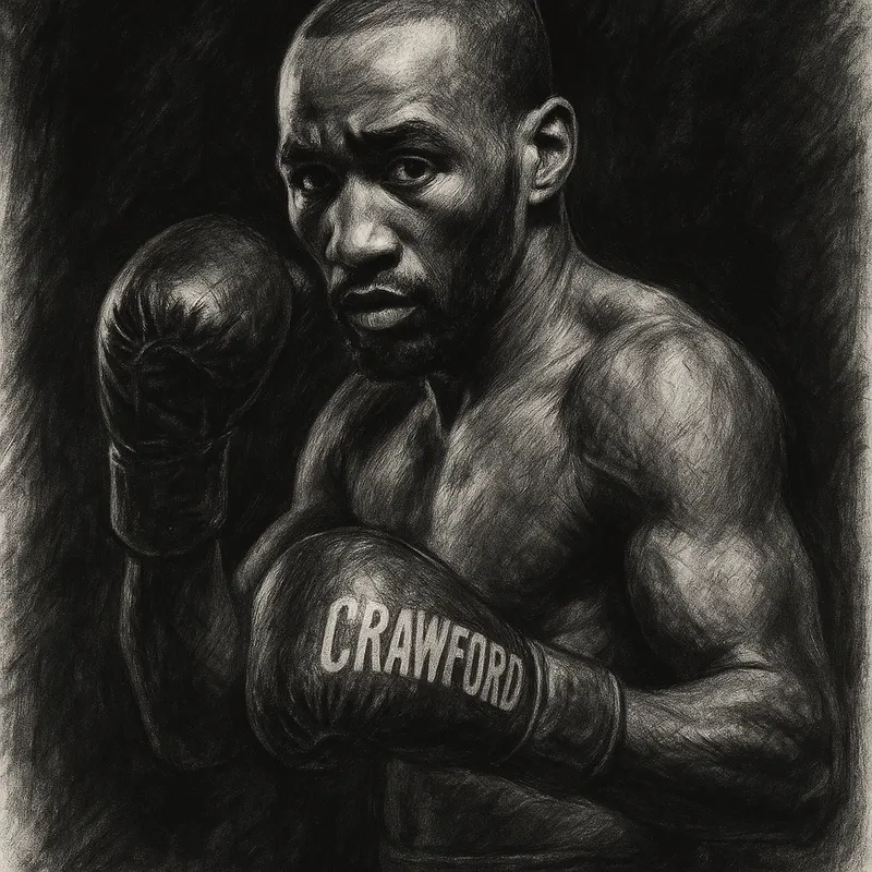 Terence Crawford in boxing pose, charcoal portrait