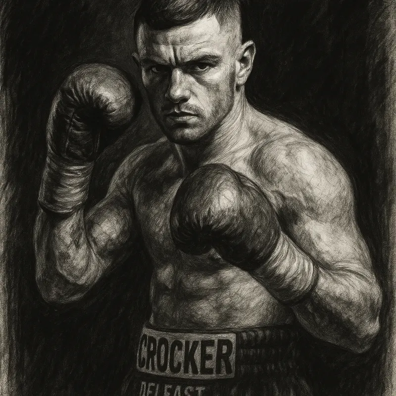 Lewis Crocker in boxing pose, charcoal portrait