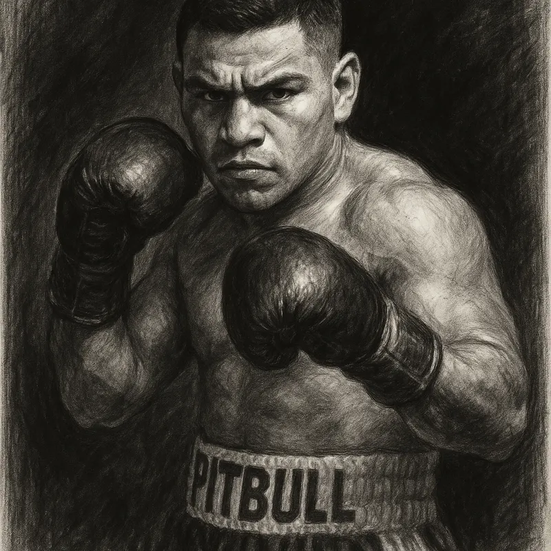 Isaac Cruz in boxing pose, charcoal portrait