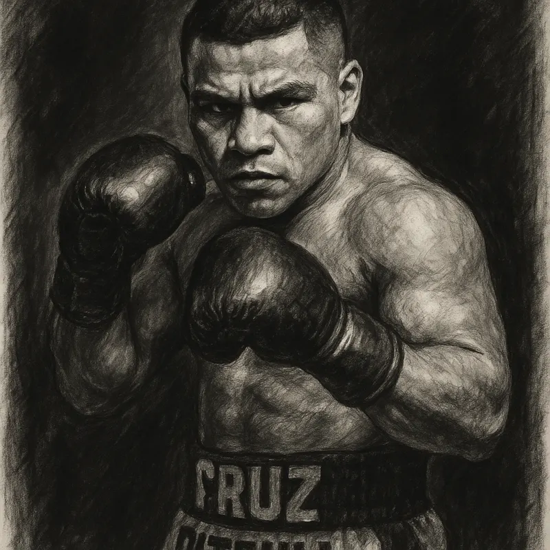 Isaac Cruz in boxing pose, charcoal portrait