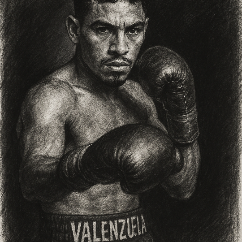 Jose Valenzuela in boxing pose, charcoal portrait