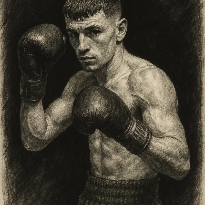 Paddy Donovan in boxing pose, charcoal portrait