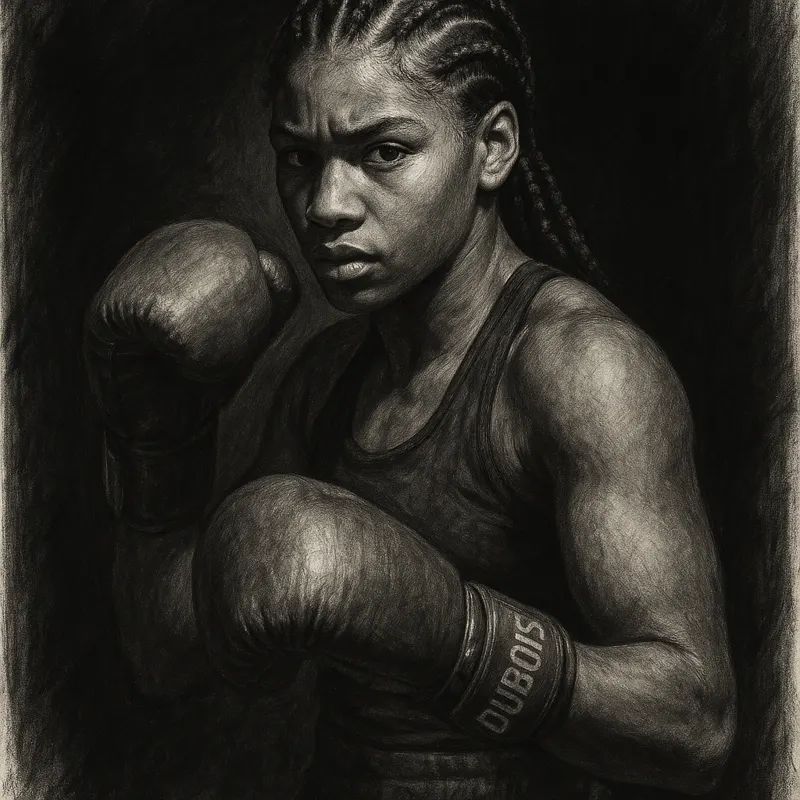Caroline Dubois in boxing pose, charcoal portrait