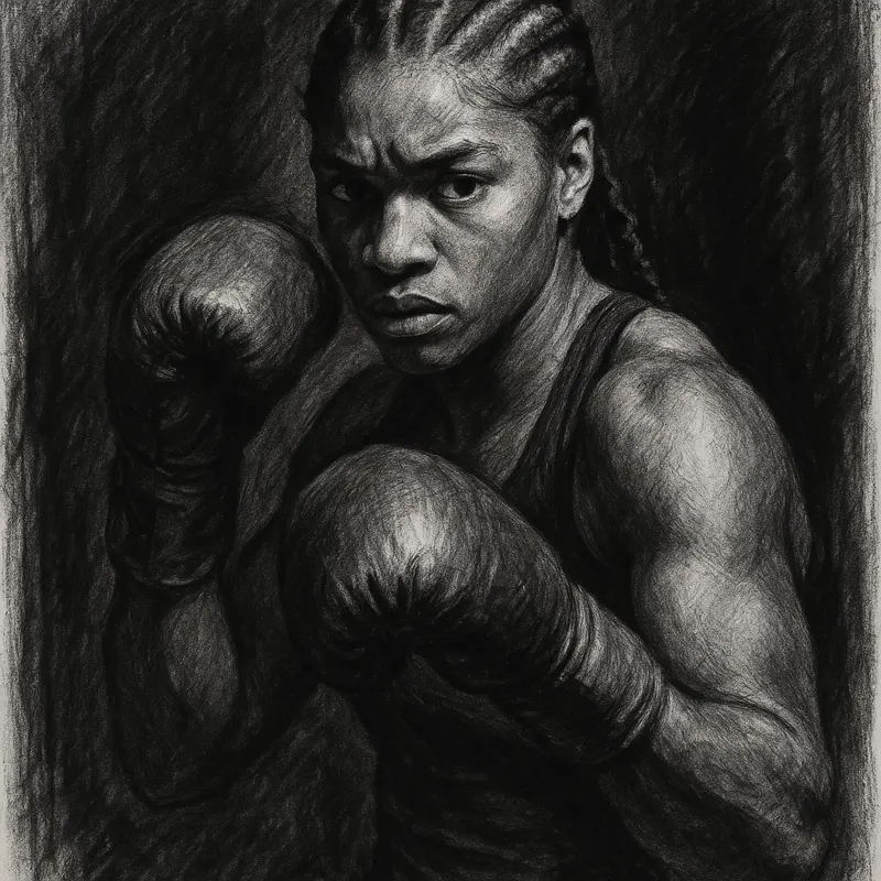 Caroline Dubois in boxing pose, charcoal portrait