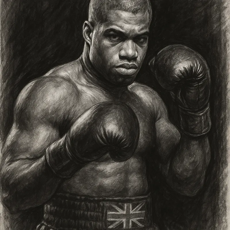 Daniel Dubois in boxing pose, charcoal portrait