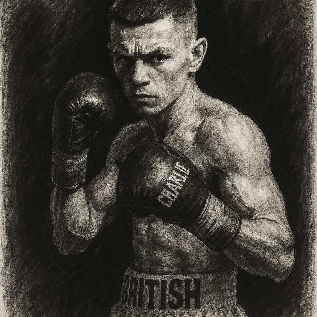 Charcoal portrait of Charlie Edwards before IBF super flyweight final eliminator against Sikho Nqothole at York Hall London