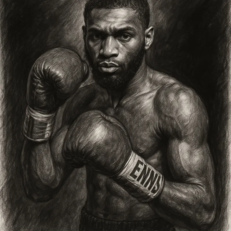 Jaron Ennis in boxing pose, charcoal portrait