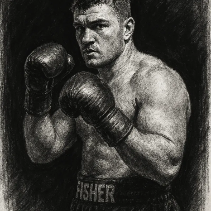 Johnny Fisher charcoal portrait, gloves raised, ahead of his next fight decision