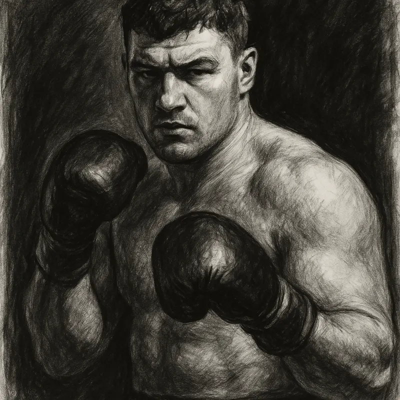 Johnny Fisher in boxing pose, charcoal portrait