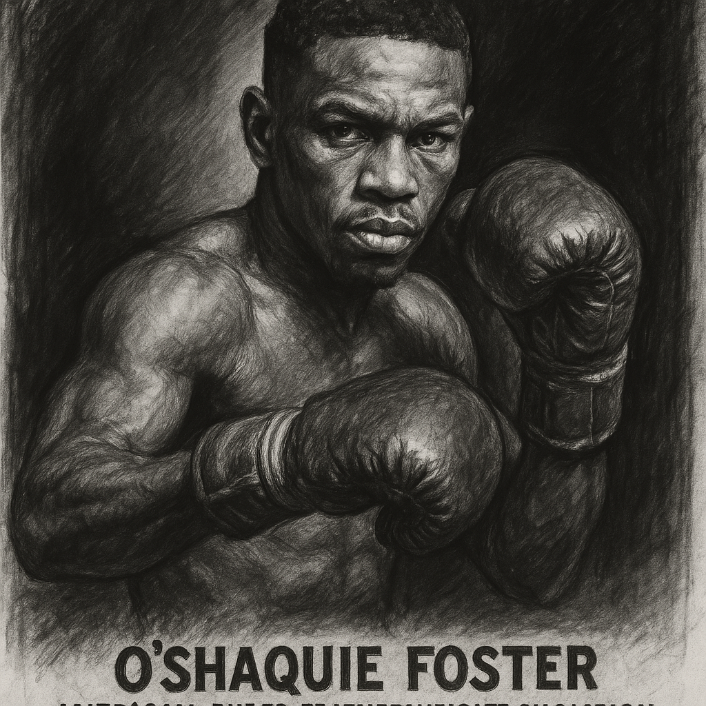 O'Shaquie Foster in boxing pose, charcoal portrait